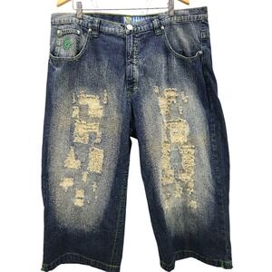 Vtg 90s Y2K Miskeen Denim Jean Shorts Jorts Embroidered Baggy Skater Jnco 42